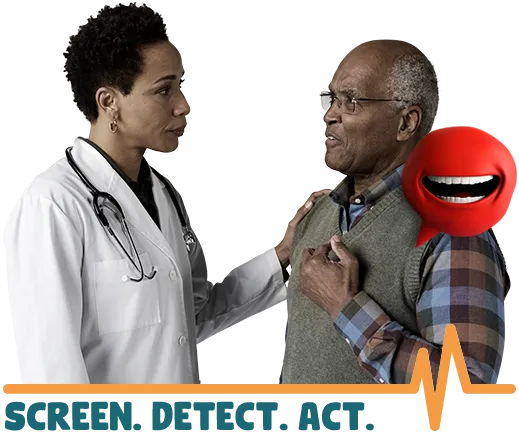 Doctor and patient having a discussion with the words ‘Screen. Detect. Act.