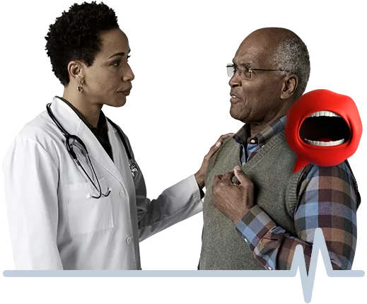 Doctor and patient having a discussion with an illustration of Mr. Valve next to the patient