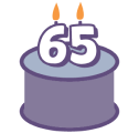 Icon of a birthday cake with a ‘65’ candle on top