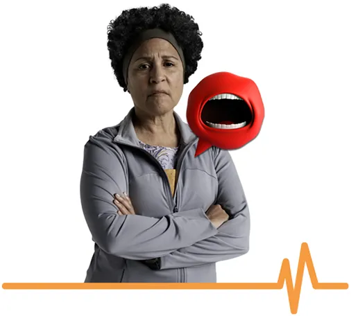 Female patient with an illustration of a red heart valve character called Mr. Valve