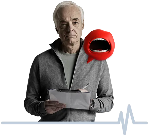 Male patient with an illustration of a red heart valve character called Mr. Valve