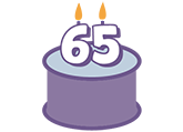 Icon of a birthday cake with candles in the shape of the numbers six and five