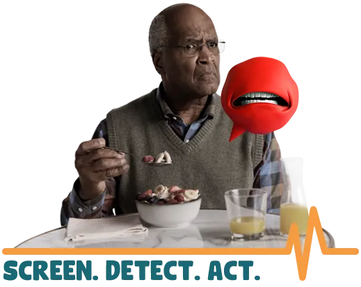 Man eating breakfast next to an illustration of a red heart valve character called Mr. Valve with the words ‘Screen. Detect. Act.’ underneath