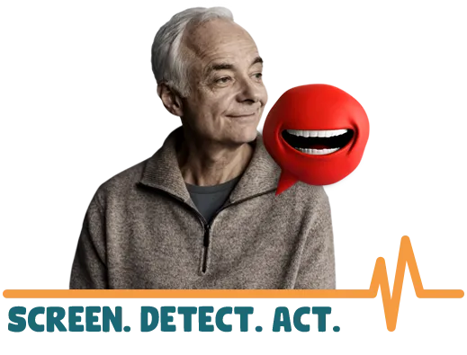 Man looking at an illustration red heart valve character called Mr. Valve with the words ‘Screen. Detect. Act.’ underneath