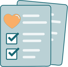 Icon of a checklist with heart in top left corner