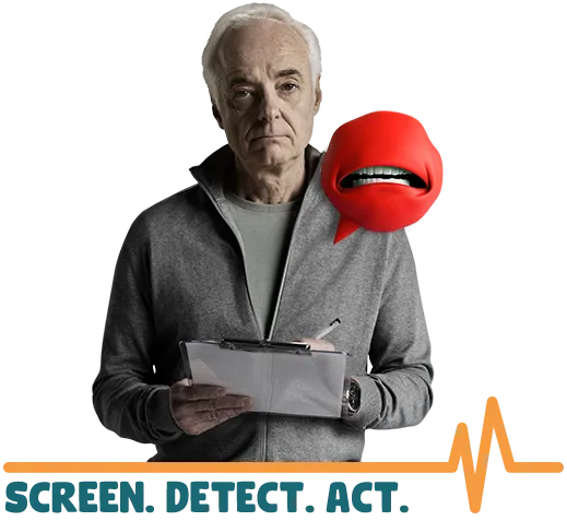 Man looking at camera next to an illustration of a red heart valve character called Mr. Valve with the words ‘Screen. Detect. Act.’ underneath