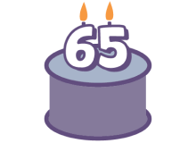 Icon of a birthday cake with a ‘65’ candle on top