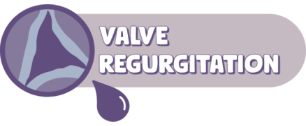 The words ‘valve regurgitation’ next to an icon of a valve affected by the disease