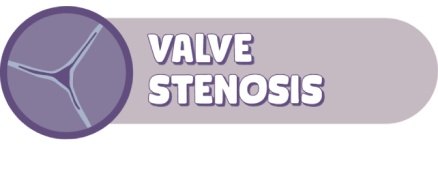 The words ‘valve stenosis’ next to an icon of a valve affected by the disease