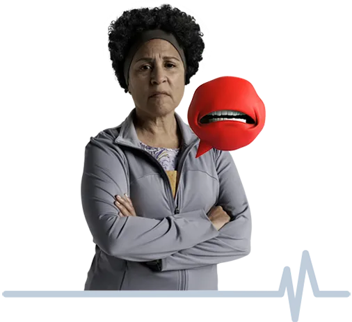 Female patient with an illustration of a red heart valve character called Mr. Valve