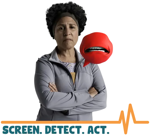 Woman looking at camera next to an illustration of a red heart valve character called Mr. Valve representing a heart valve with the words ‘Screen. Detect. Act.’ underneath