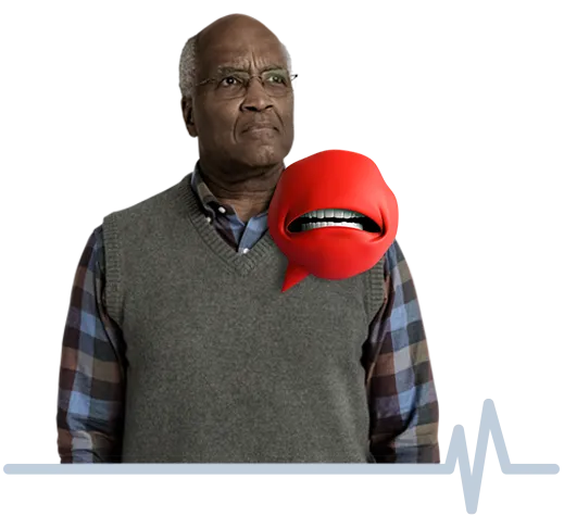 Female patient with an illustration of a red heart valve character called Mr. Valve