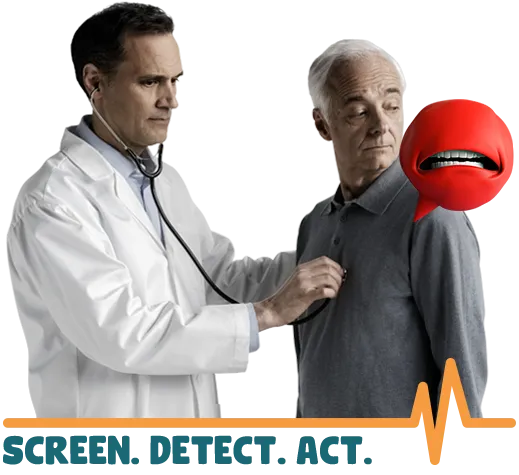 Doctor checking a patient’s heart with a stethoscope while they look at an illustration of a red heart valve character called Mr. Valve that is shown next to the patient