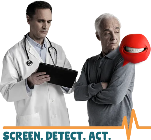 Doctor sharing resources on a tablet with a patient next to an illustration of a red heart valve character called Mr. Valve