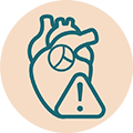 Icon of a warning symbol overlaid on top of a heart showing a heart valve