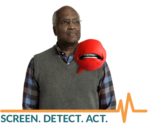 Male patient next to animated heart valve with the words ‘Screen. Detect. Act.’ underneath
