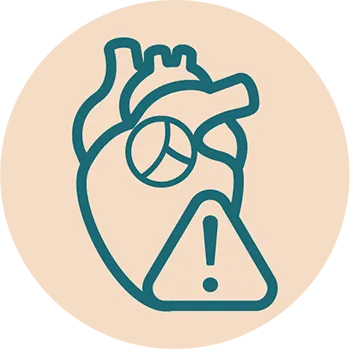 Icon of a warning symbol overlaid on top of a heart showing a heart valve