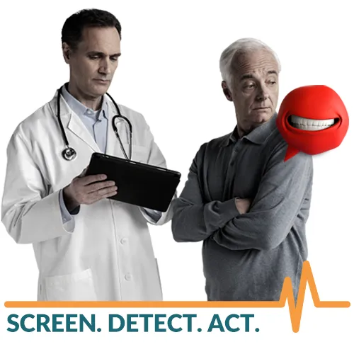 Doctor and patient talking next to animated heart valve with the words ‘Screen. Detect. Act.’ Underneath
