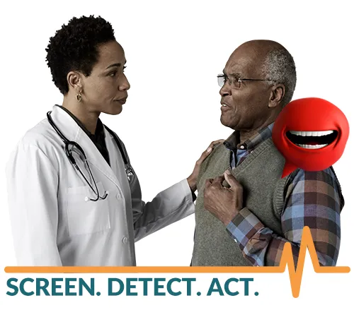 Doctor and patient having a conversation next to animated heart valve with the words ‘Screen. Detect. Act.’ underneath
