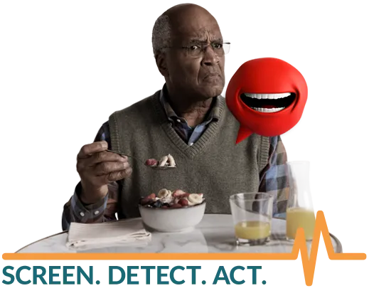 Male patient eating with the words ‘Screen. Detect. Act.’ underneath